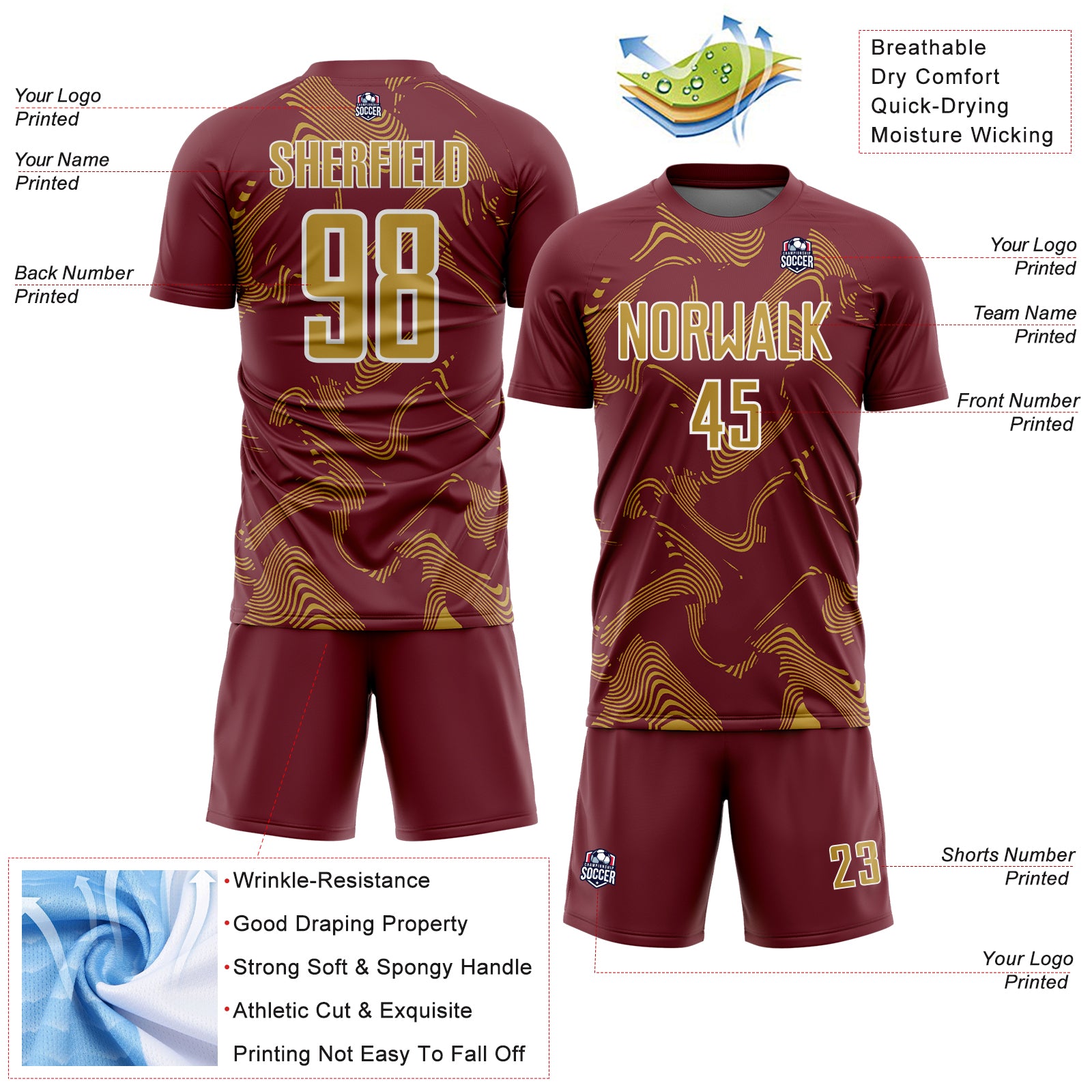 Custom Burgundy Old Gold-White Curve Lines Sports Sublimation Soccer Uniform Jersey