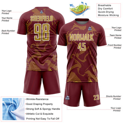 Custom Burgundy Old Gold-White Curve Lines Sports Sublimation Soccer Uniform Jersey