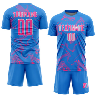 Custom Powder Blue Pink-White Curve Lines Sports Sublimation Soccer Uniform Jersey