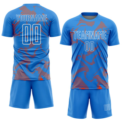 Custom Powder Blue Orange-White Curve Lines Sports Sublimation Soccer Uniform Jersey