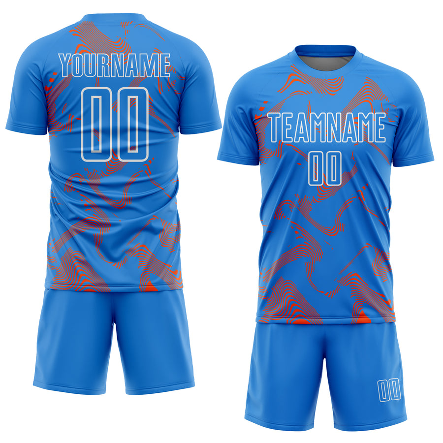 Custom Powder Blue Orange-White Curve Lines Sports Sublimation Soccer Uniform Jersey