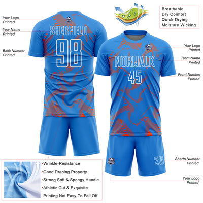Custom Powder Blue Orange-White Curve Lines Sports Sublimation Soccer Uniform Jersey