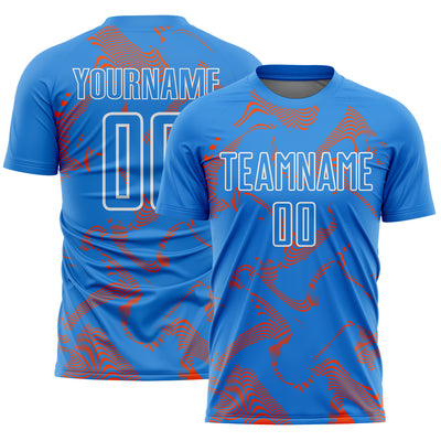 Custom Powder Blue Orange-White Curve Lines Sports Sublimation Soccer Uniform Jersey