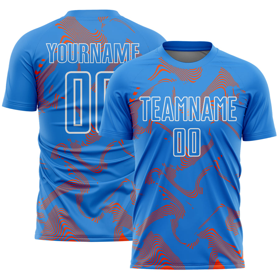 Custom Powder Blue Orange-White Curve Lines Sports Sublimation Soccer Uniform Jersey