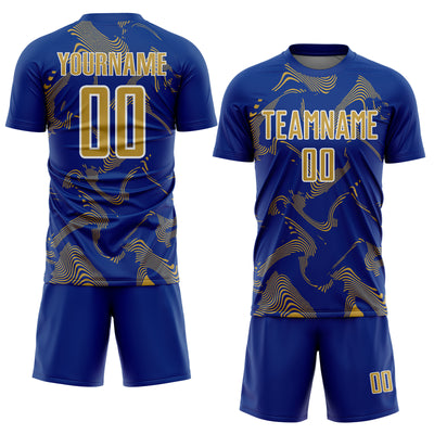 Custom Royal Old Gold-White Curve Lines Sports Sublimation Soccer Uniform Jersey