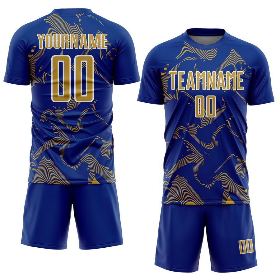 Custom Royal Old Gold-White Curve Lines Sports Sublimation Soccer Uniform Jersey