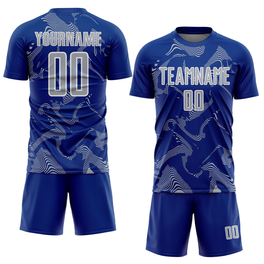 Custom Royal Gray-White Curve Lines Sports Sublimation Soccer Uniform Jersey