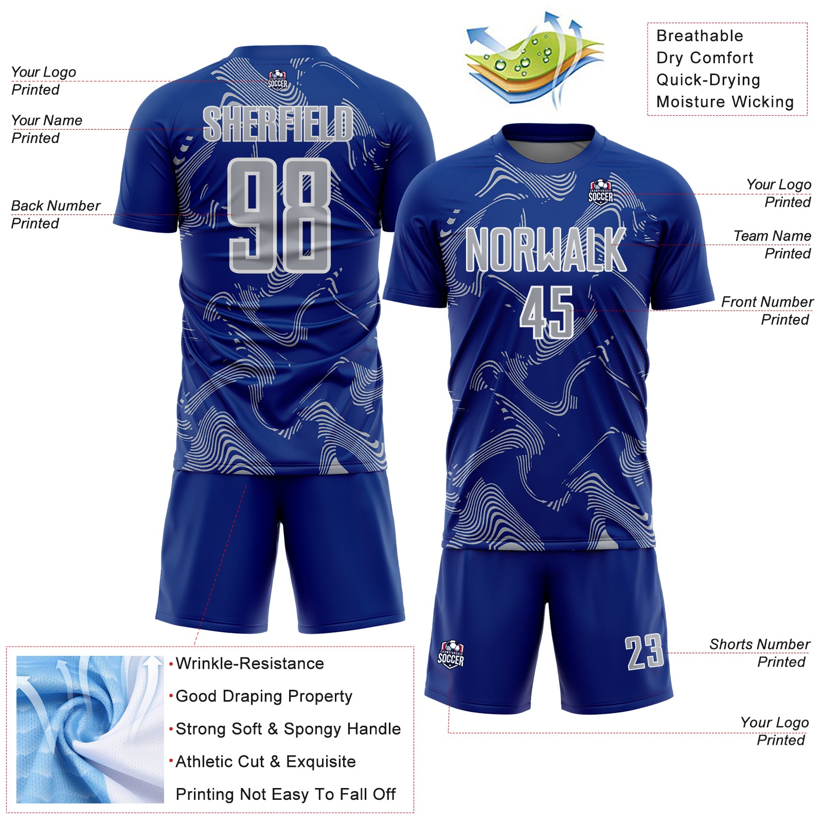 Custom Royal Gray-White Curve Lines Sports Sublimation Soccer Uniform Jersey