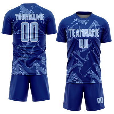 Custom Royal Light Blue-White Curve Lines Sports Sublimation Soccer Uniform Jersey
