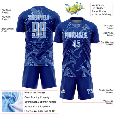 Custom Royal Light Blue-White Curve Lines Sports Sublimation Soccer Uniform Jersey