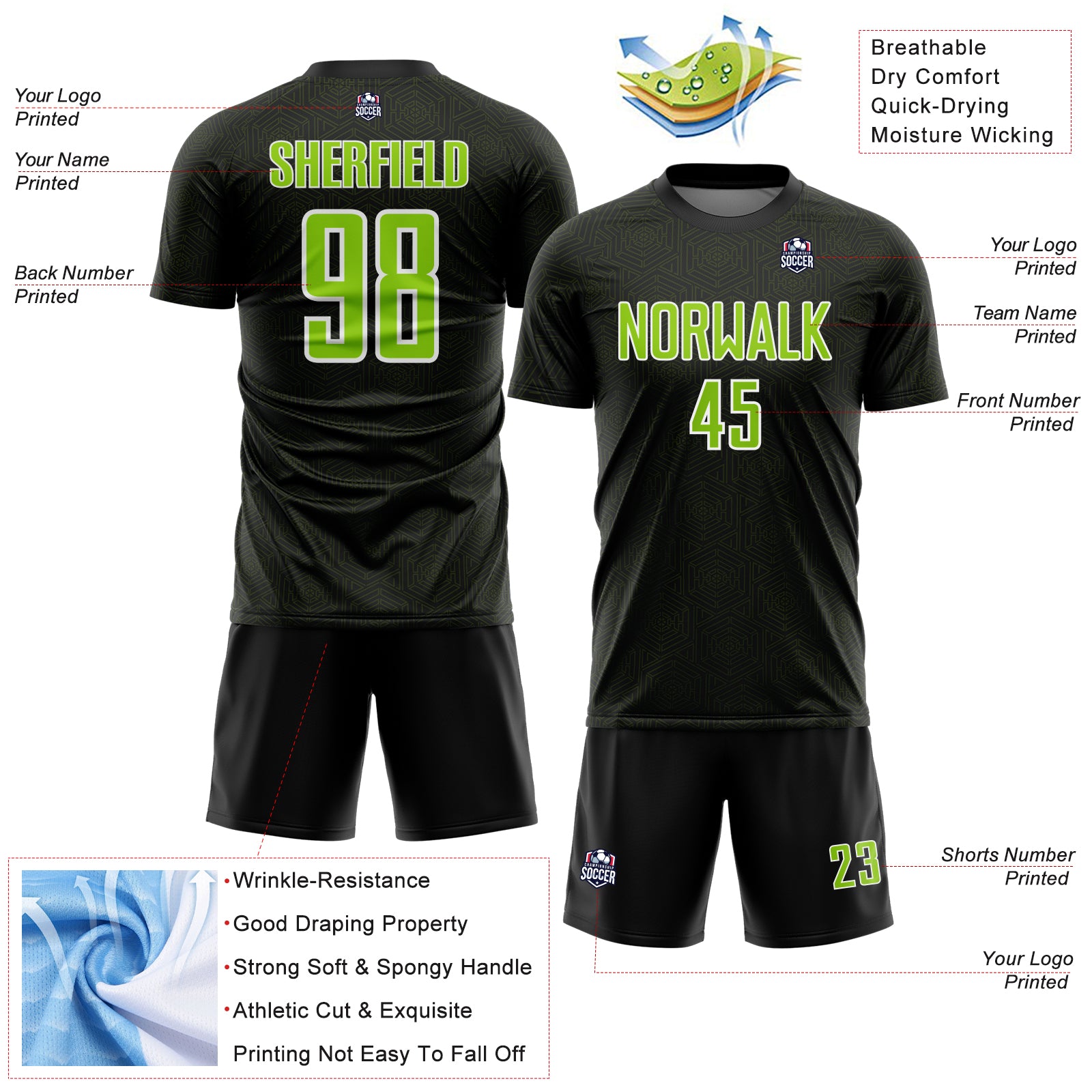 Custom Black Neon Green-White Geometric Shape Sports Sublimation Soccer Uniform Jersey