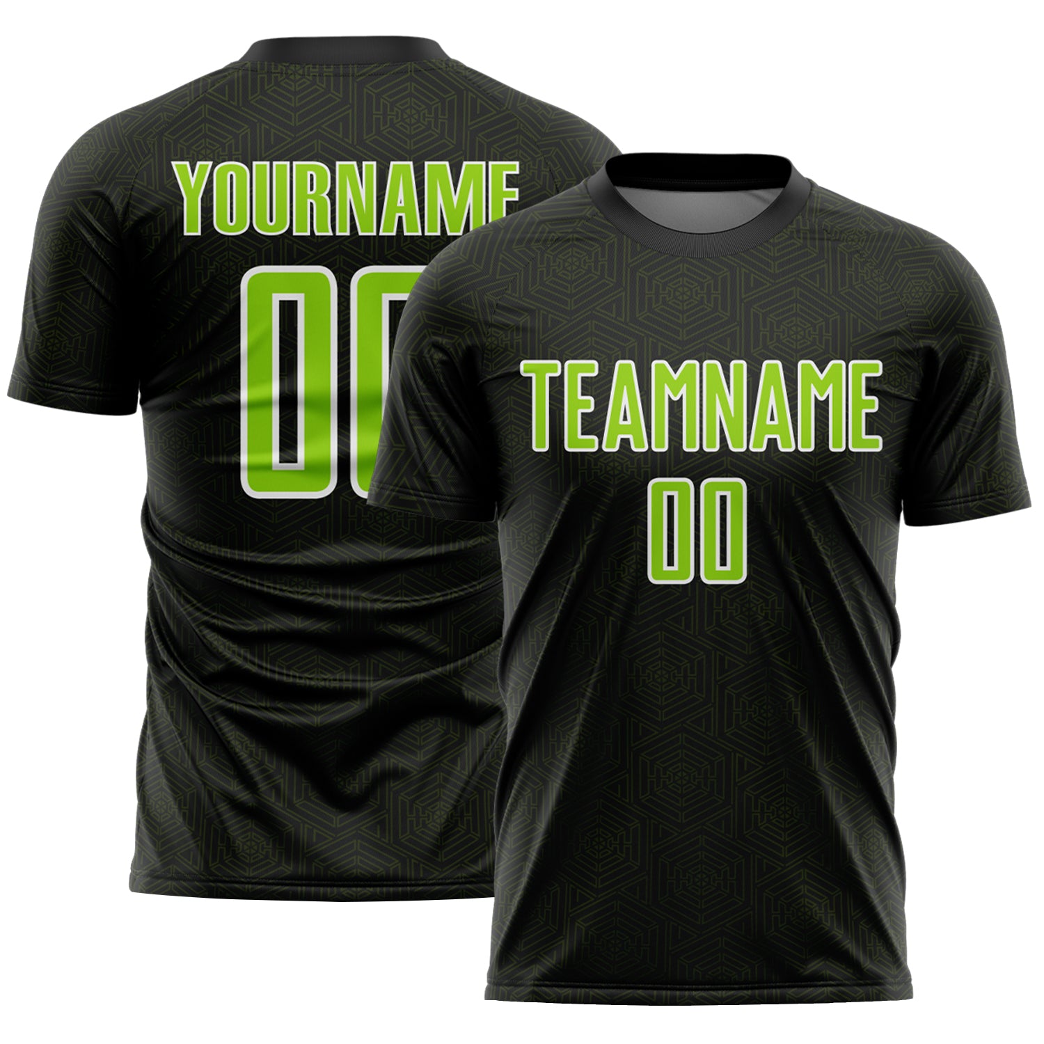 Custom Black Neon Green-White Geometric Shape Sports Sublimation Soccer Uniform Jersey