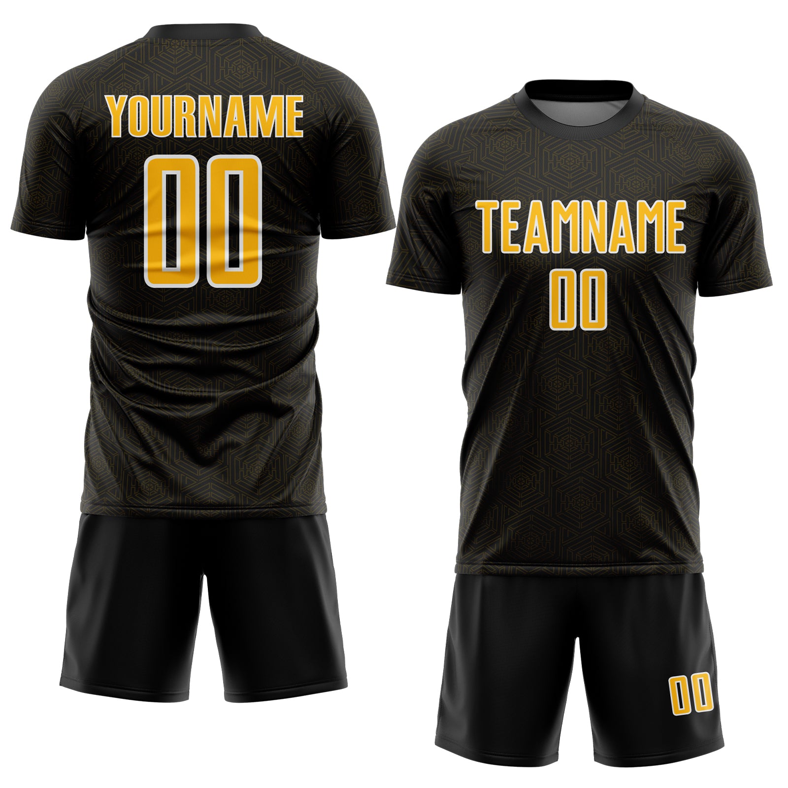 Custom Black Gold-White Geometric Shape Sports Sublimation Soccer Uniform Jersey
