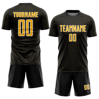 Custom Black Gold-White Geometric Shape Sports Sublimation Soccer Uniform Jersey
