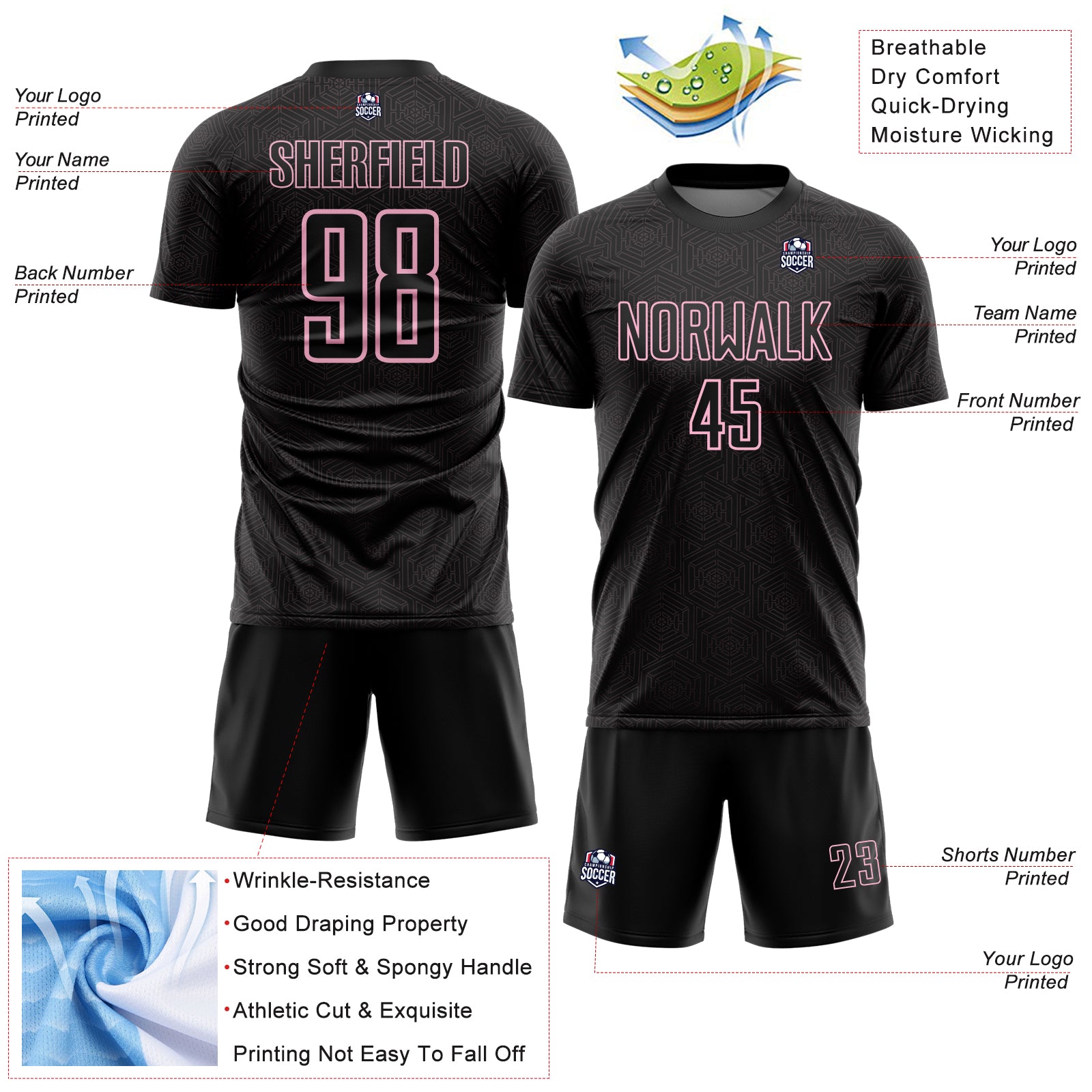 Custom Black Light Pink Geometric Shape Sports Sublimation Soccer Uniform Jersey