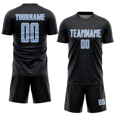 Custom Black Light Blue-White Geometric Shape Sports Sublimation Soccer Uniform Jersey