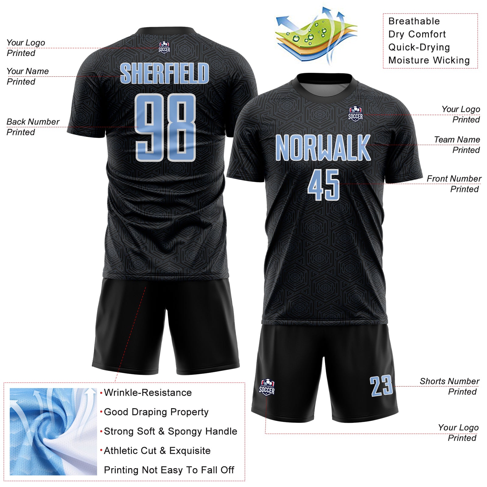 Custom Black Light Blue-White Geometric Shape Sports Sublimation Soccer Uniform Jersey