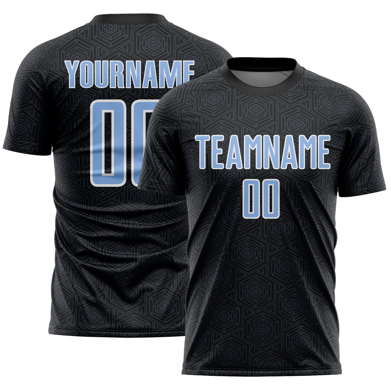 Custom Black Light Blue-White Geometric Shape Sports Sublimation Soccer Uniform Jersey