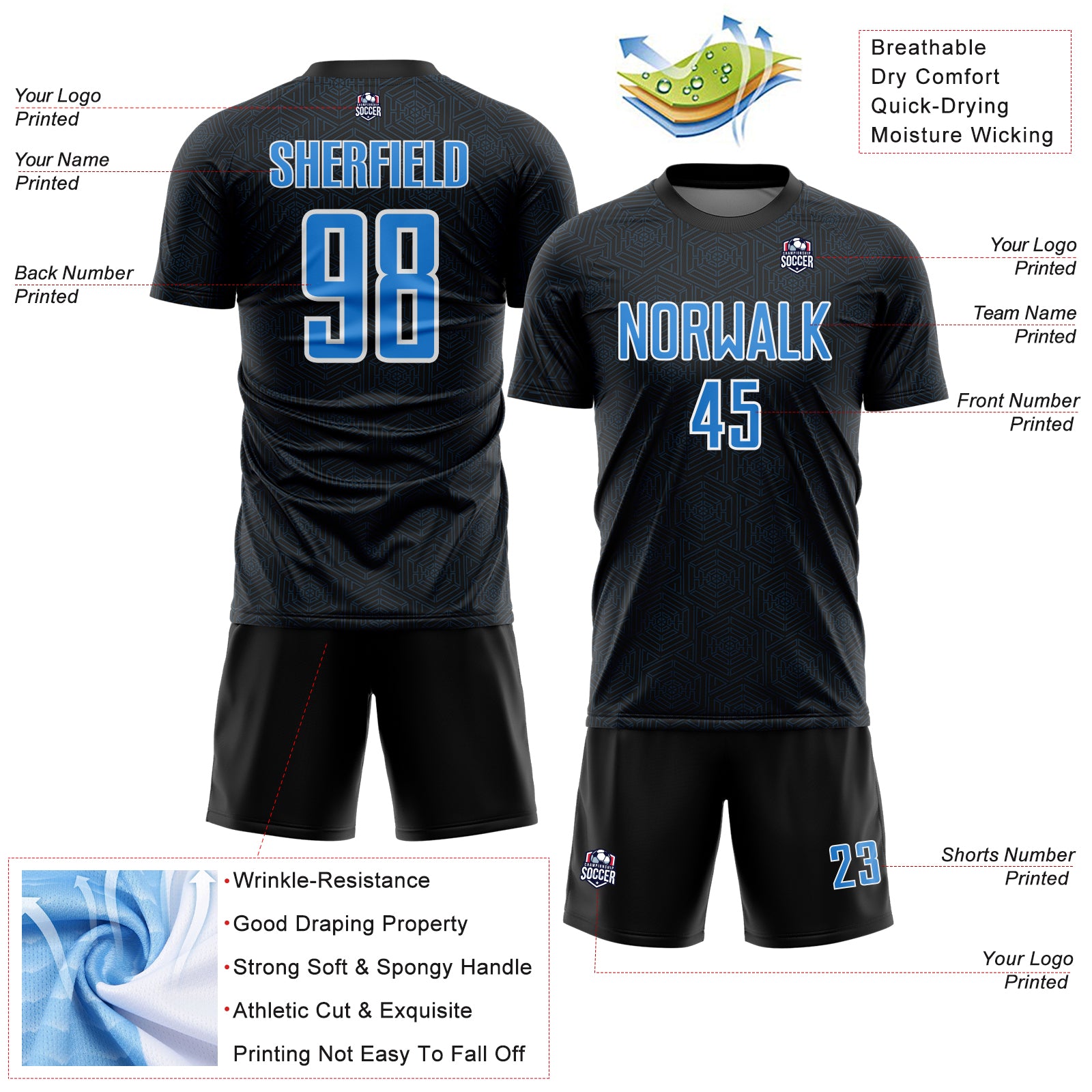 Custom Black Powder Blue-White Geometric Shape Sports Sublimation Soccer Uniform Jersey