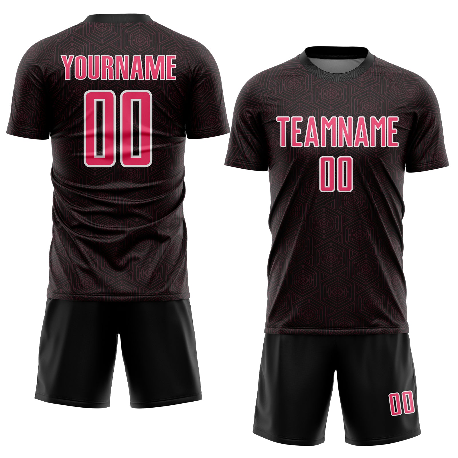 Custom Black Neon Pink-White Geometric Shape Sports Sublimation Soccer Uniform Jersey