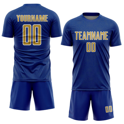 Custom Royal Old Gold-White Geometric Shape Sports Sublimation Soccer Uniform Jersey