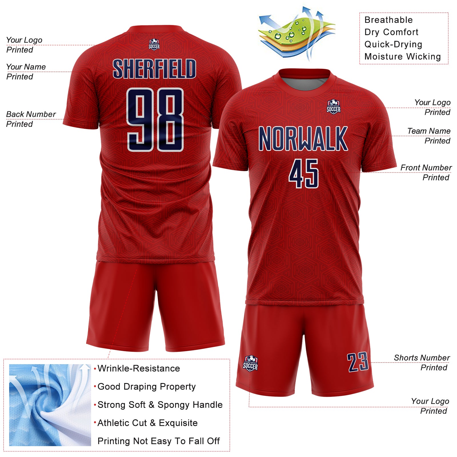 Custom Red Navy-White Geometric Shape Sports Sublimation Soccer Uniform Jersey