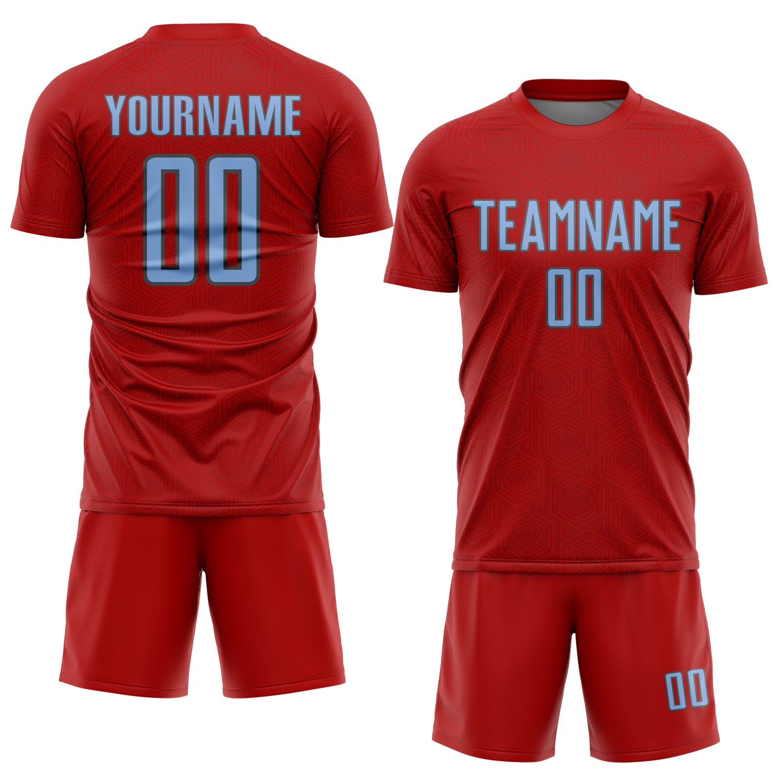 Custom Red Light Blue-Steel Gray Geometric Shape Sports Sublimation Soccer Uniform Jersey