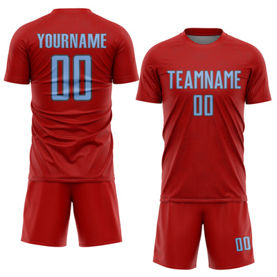 Custom Red Light Blue-Steel Gray Geometric Shape Sports Sublimation Soccer Uniform Jersey