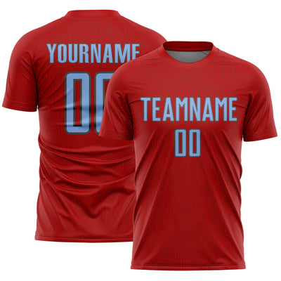 Custom Red Light Blue-Steel Gray Geometric Shape Sports Sublimation Soccer Uniform Jersey