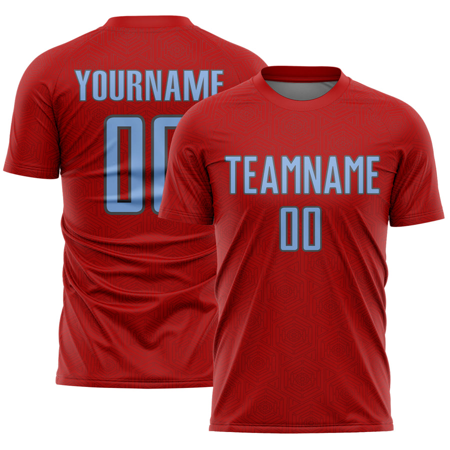 Custom Red Light Blue-Steel Gray Geometric Shape Sports Sublimation Soccer Uniform Jersey