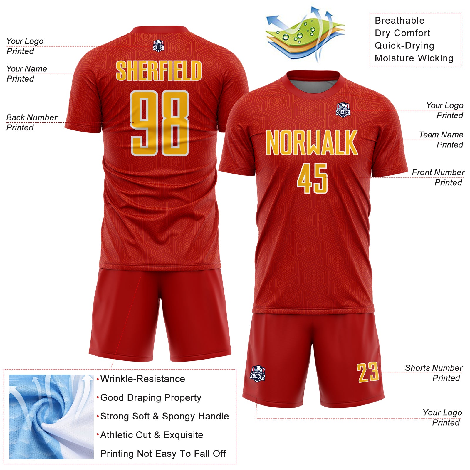 Custom Red Gold-White Geometric Shape Sports Sublimation Soccer Uniform Jersey