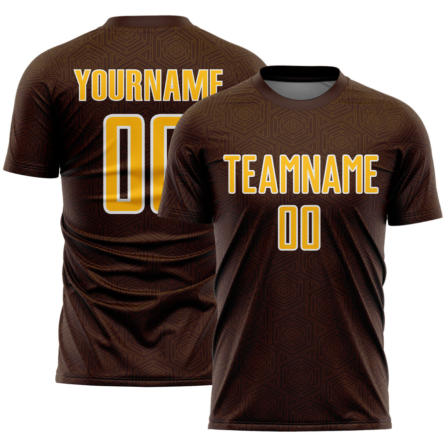 Custom Brown Gold-White Geometric Shape Sports Sublimation Soccer Uniform Jersey
