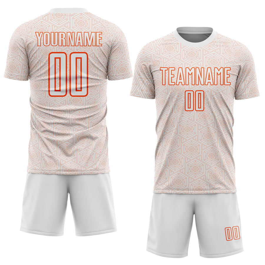 Custom White Orange Geometric Shape Sports Sublimation Soccer Uniform Jersey