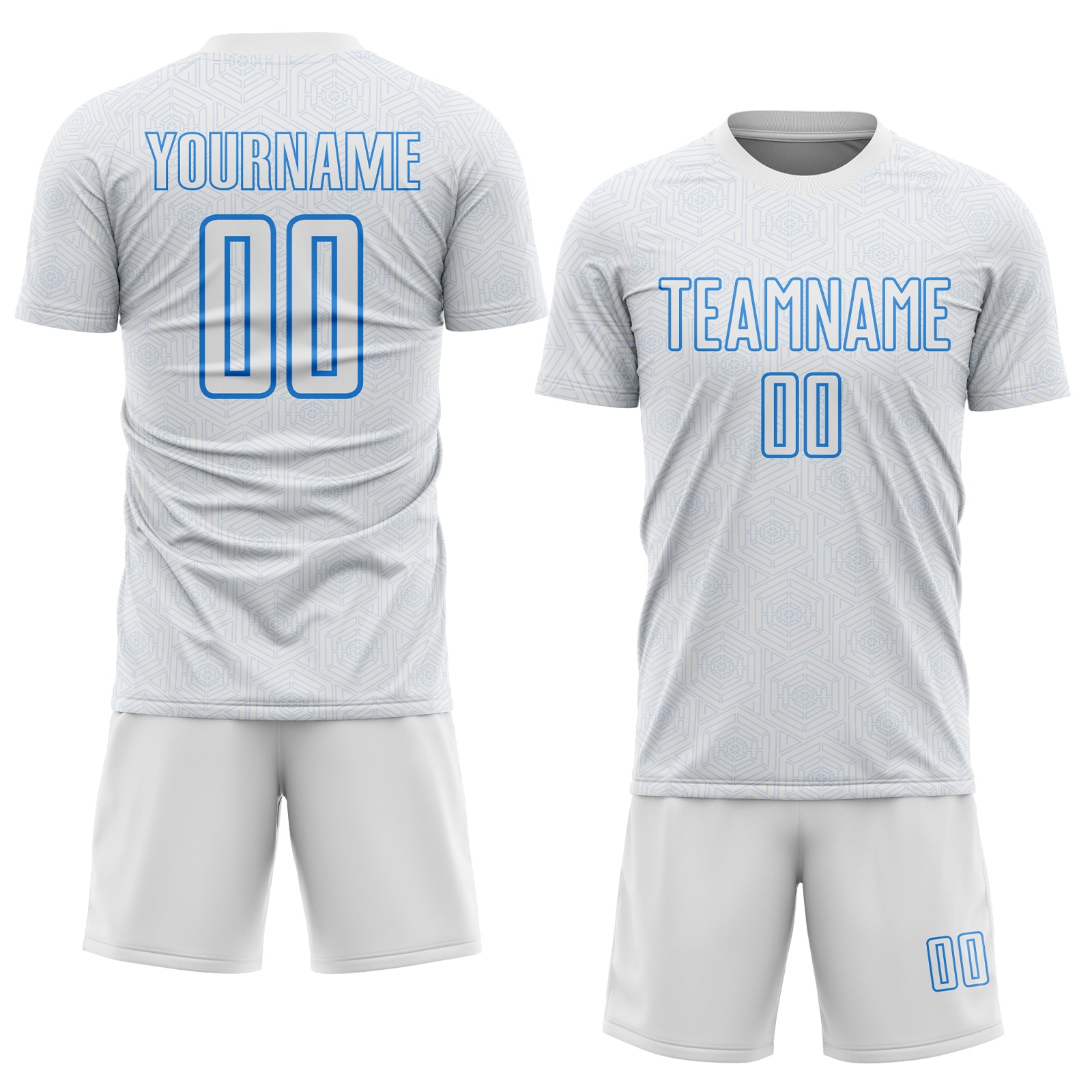 Custom White Powder Blue Geometric Shape Sports Sublimation Soccer Uniform Jersey