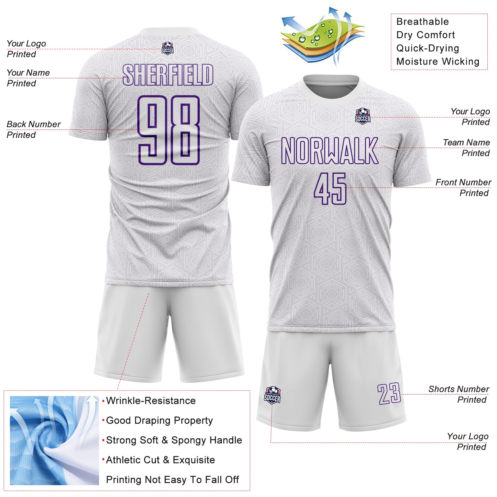 Custom White Purple Geometric Shape Sports Sublimation Soccer Uniform Jersey