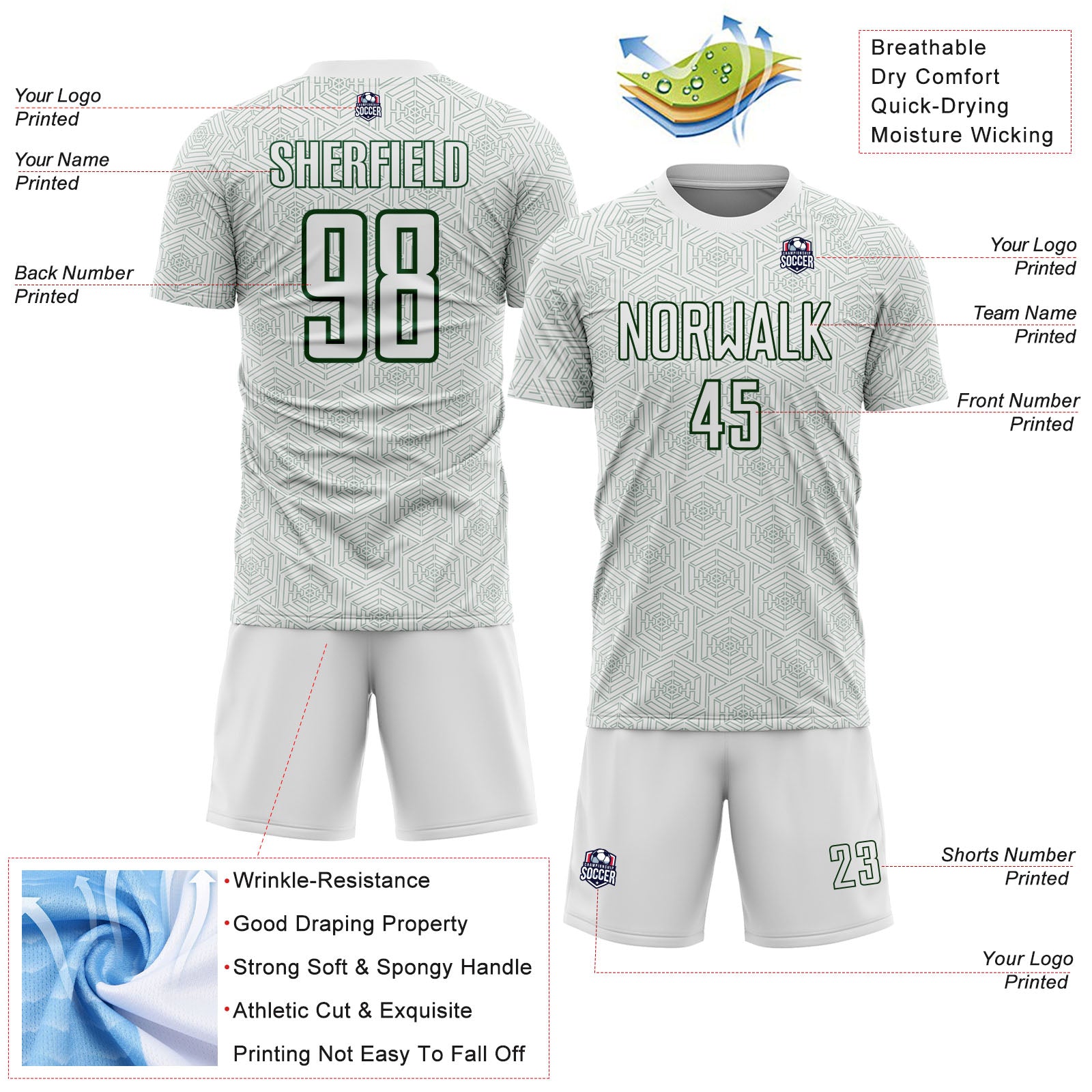Custom White Green Geometric Shape Sports Sublimation Soccer Uniform Jersey