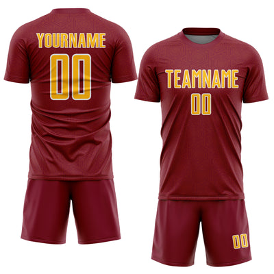 Custom Crimson Gold-White Geometric Shape Sports Sublimation Soccer Uniform Jersey