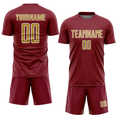 Custom Crimson Old Gold-White Geometric Shape Sports Sublimation Soccer Uniform Jersey