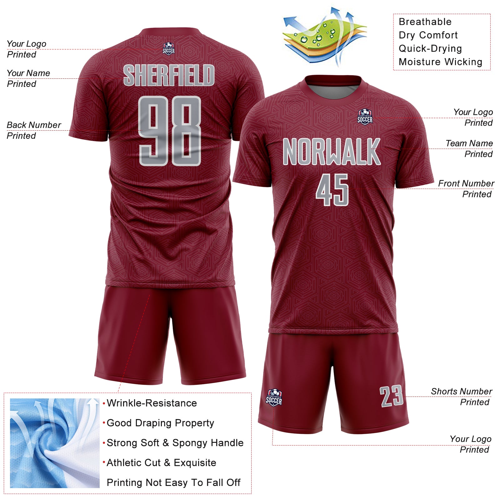 Custom Crimson Gray-White Geometric Shape Sports Sublimation Soccer Uniform Jersey