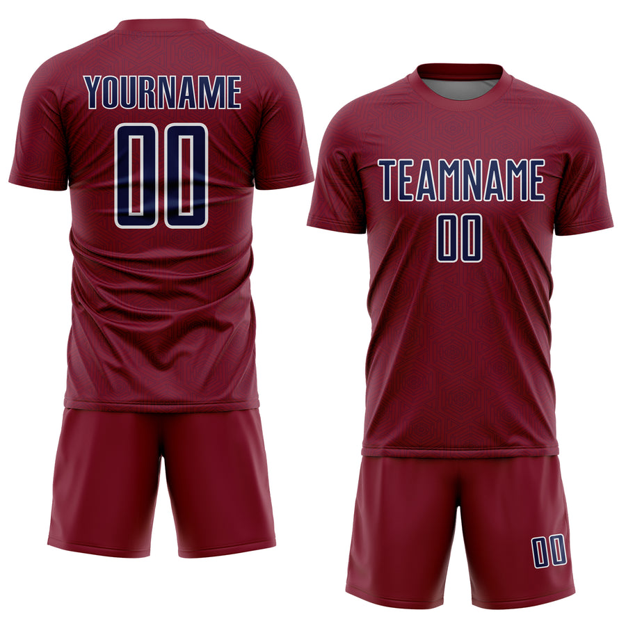 Custom Crimson Navy-White Geometric Shape Sports Sublimation Soccer Uniform Jersey