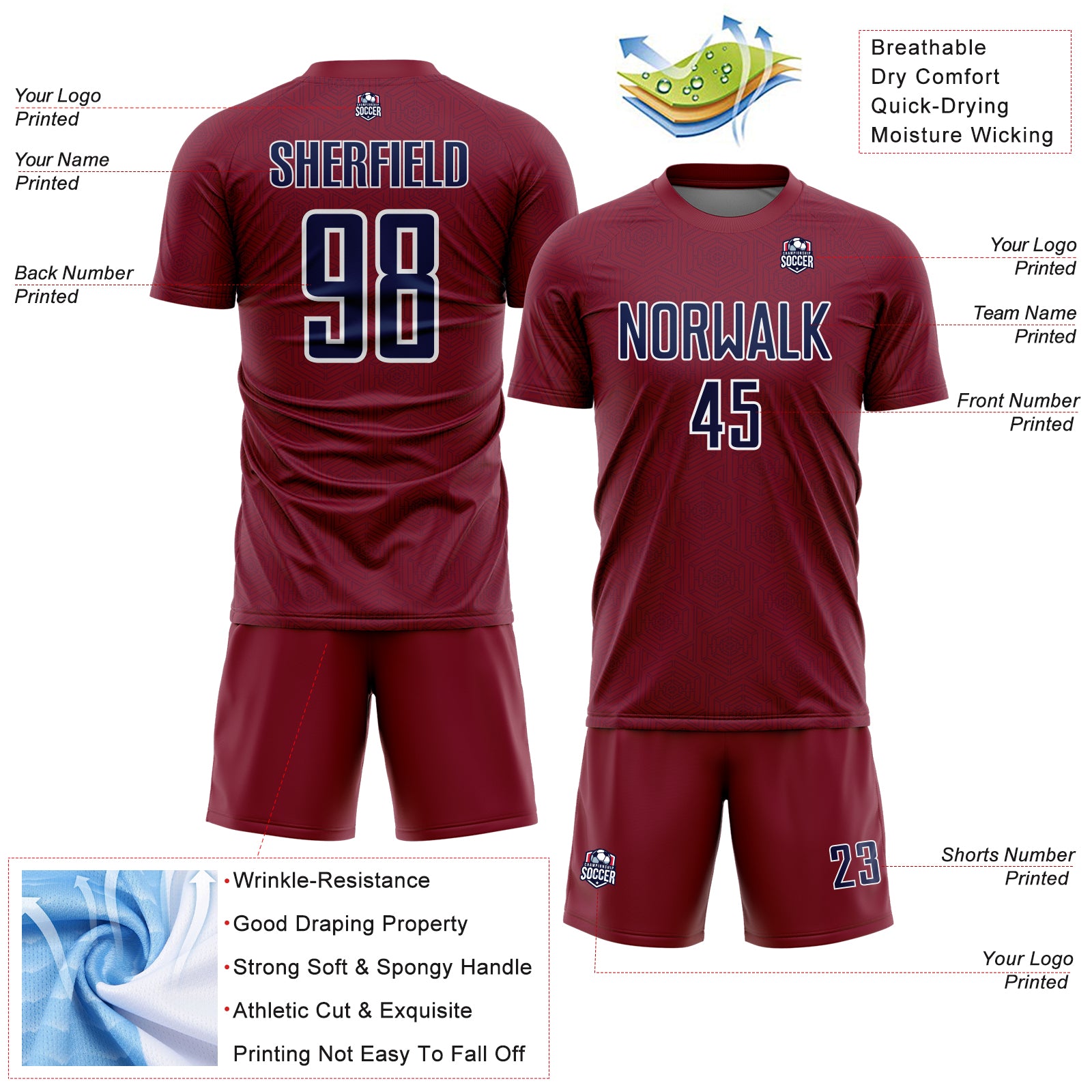 Custom Crimson Navy-White Geometric Shape Sports Sublimation Soccer Uniform Jersey