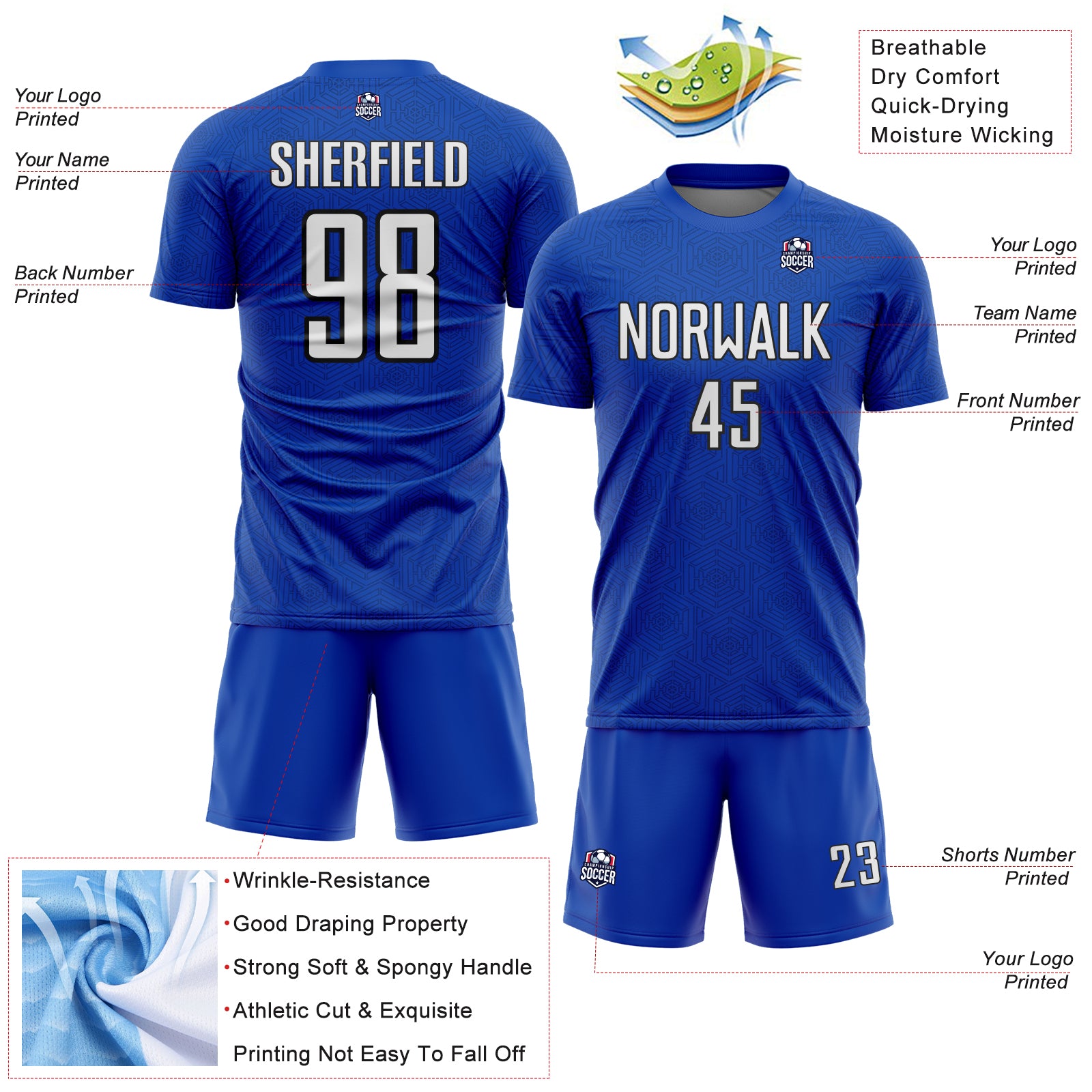Custom Thunder Blue White-Black Geometric Shape Sports Sublimation Soccer Uniform Jersey