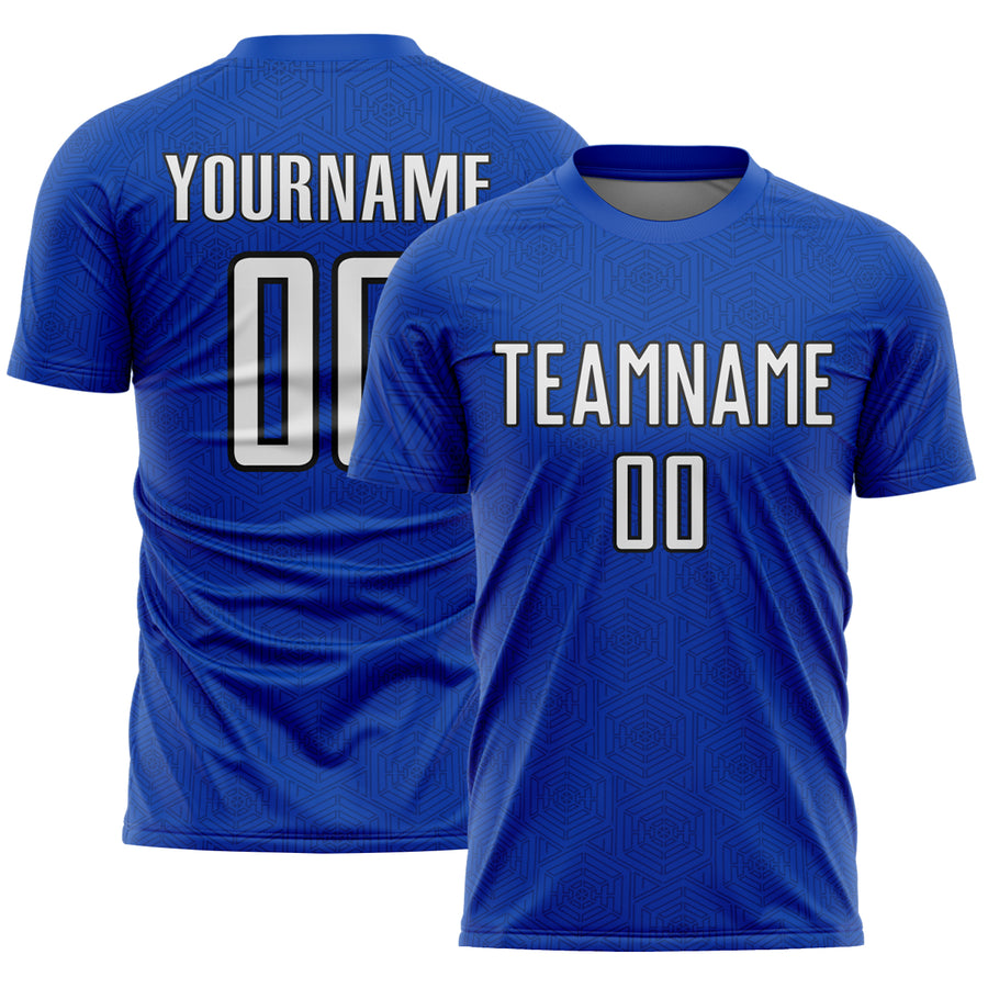 Custom Thunder Blue White-Black Geometric Shape Sports Sublimation Soccer Uniform Jersey