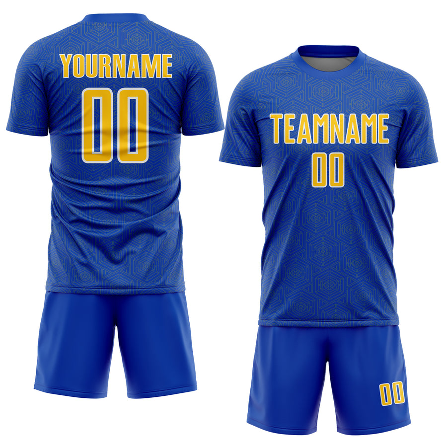 Custom Thunder Blue Yellow-White Geometric Shape Sports Sublimation Soccer Uniform Jersey