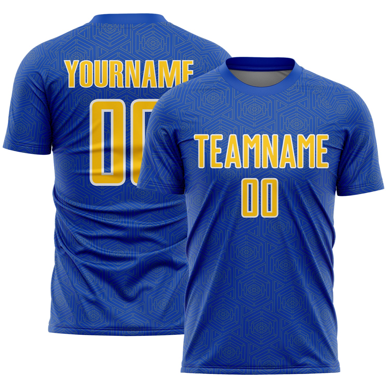 Custom Thunder Blue Yellow-White Geometric Shape Sports Sublimation Soccer Uniform Jersey