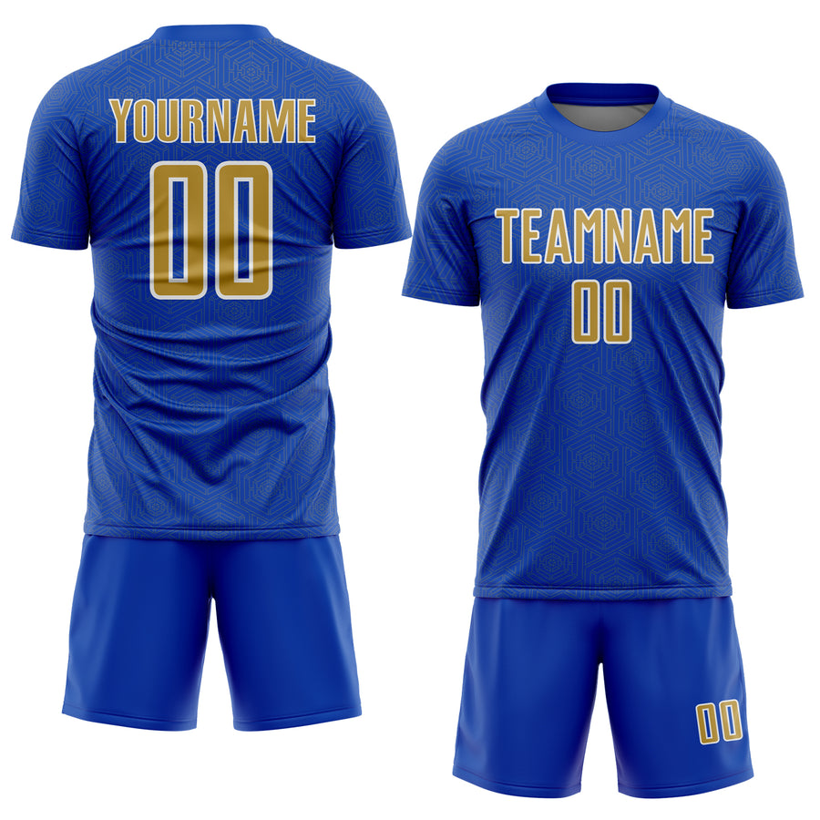 Custom Thunder Blue Old Gold-White Geometric Shape Sports Sublimation Soccer Uniform Jersey