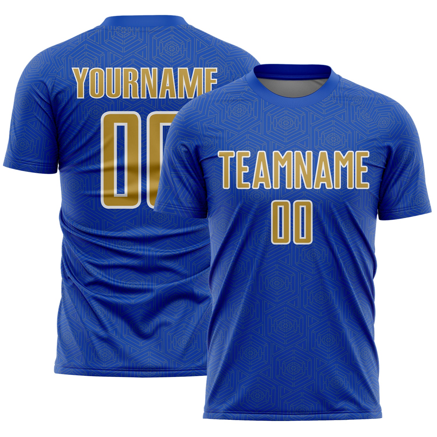 Custom Thunder Blue Old Gold-White Geometric Shape Sports Sublimation Soccer Uniform Jersey