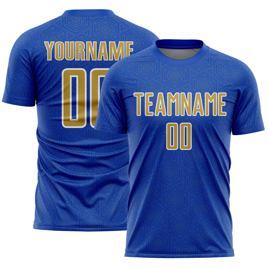 Custom Thunder Blue Old Gold-White Geometric Shape Sports Sublimation Soccer Uniform Jersey