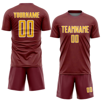 Custom Burgundy Gold-White Geometric Shape Sports Sublimation Soccer Uniform Jersey