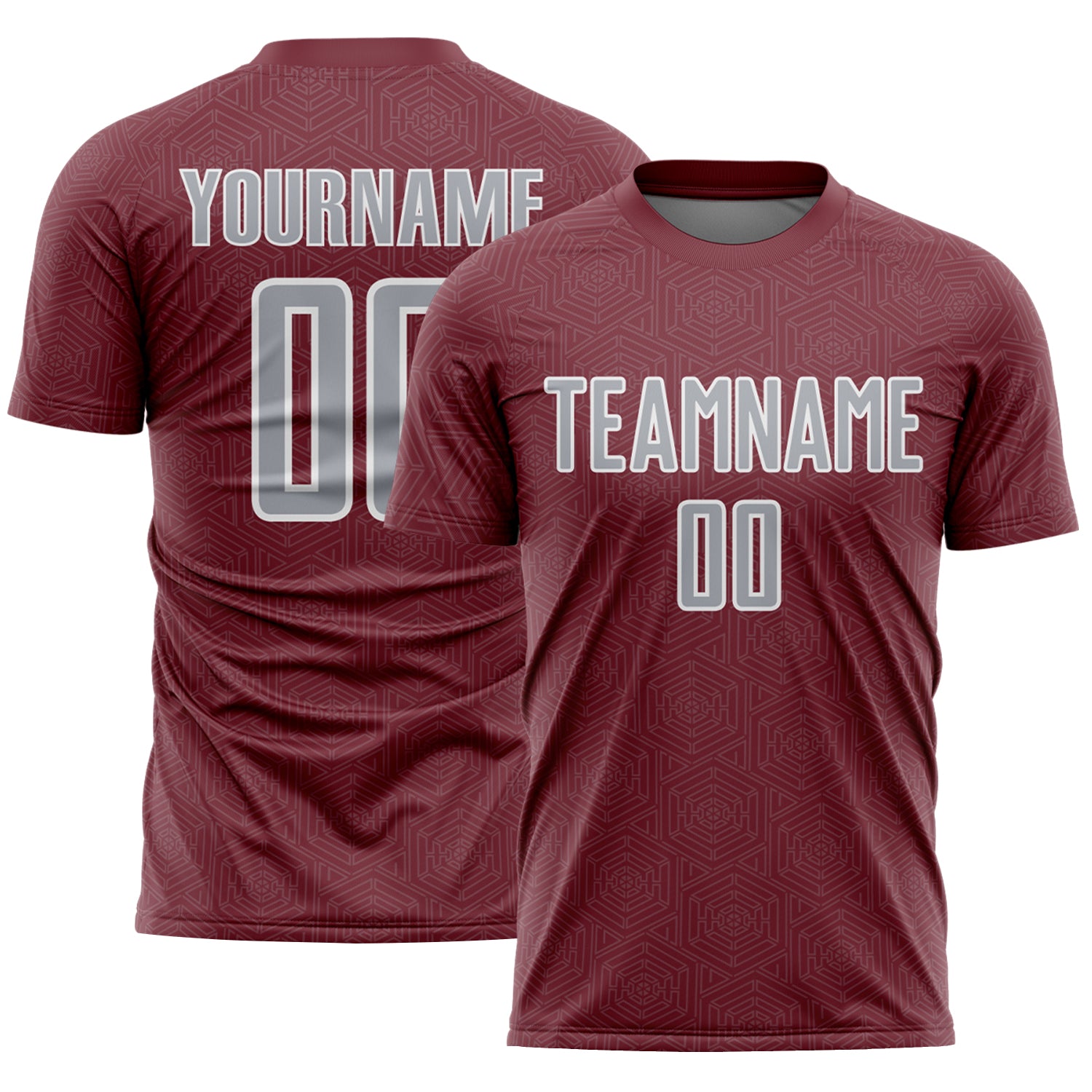 Custom Burgundy Gray-White Geometric Shape Sports Sublimation Soccer Uniform Jersey